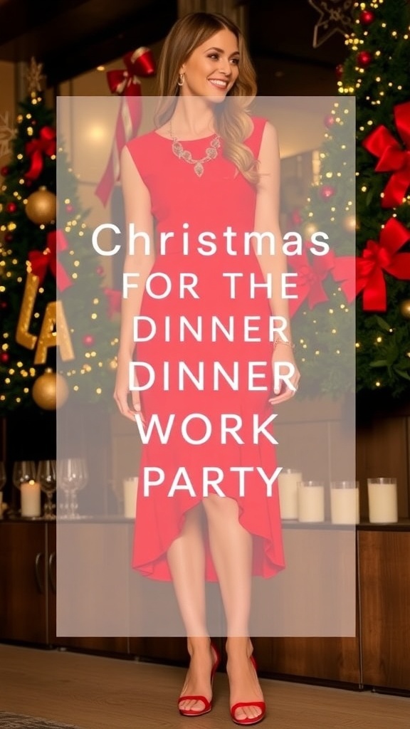 A chic red dress with heels and jewelry, set in a festive Christmas party backdrop.